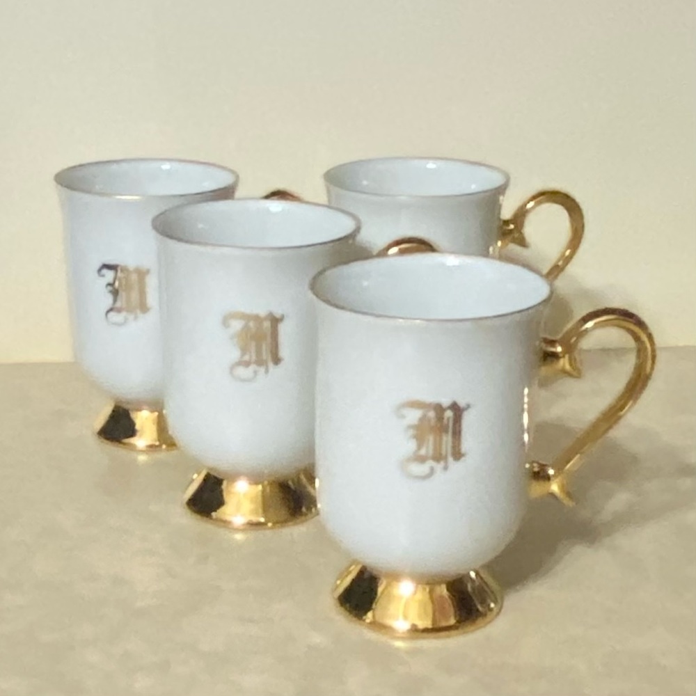 Vintage footed tea cups, coffee mugs, M monogram, white with gold trim